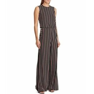Lauren Ralph Lauren Jumpsuit Black Striped Sleeveless Gold Buttons Wide Leg